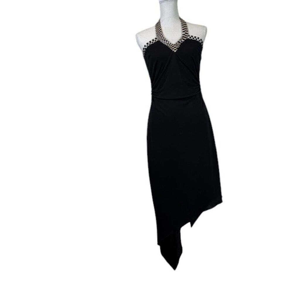 David Meister Halter Dress High Low Checkered Trim Lined Stretch Black Size 8
